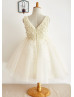 V Neck Pearls Beaded Champagne Tulle Dreamy Flower Girl Dress